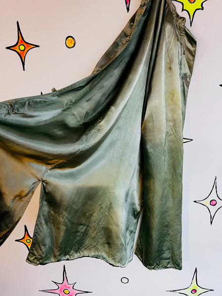 Jade Green Silk Robe Geisha Kimono | Vintage Lounge Boudoir Robe Size S - M