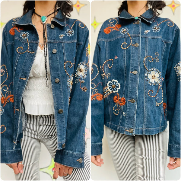 Vintage 90s Y2K Floral Embellished Denim Jacket Boho Fairy Grunge Jean Jacket L