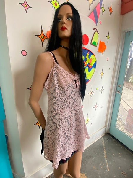90s Y2K Pink Lace Slip Dress Fairy Grunge Coquette Balletcore Lingerie Mini - L