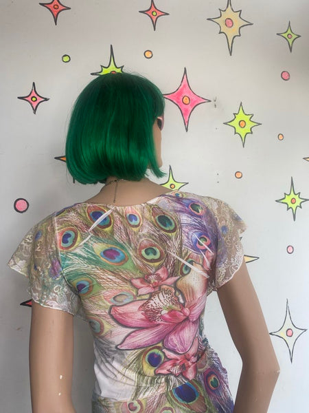 Y2K Pastel Tattoo Peacock Floral Dress Lace Flutter Sleeve Fairycore Mini - S
