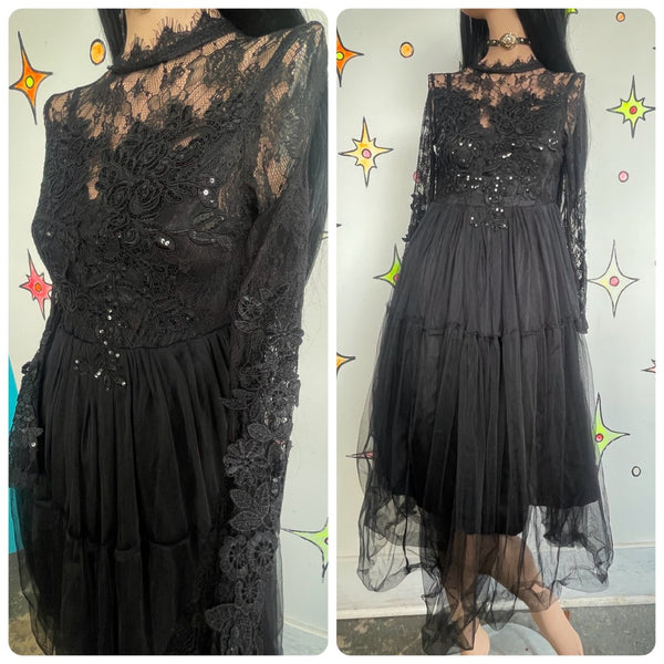 Vintage 80s Goth Lace Tulle Dress Black Romantic Vamp Tutu Maxi Prom Goth Gown S