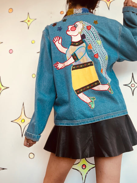 Vintage 90s CHICO’S Embellished Denim Jacket – Boho Grunge Jean Jacket – S-M
