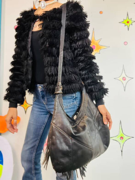 Vintage Black Leather Fringe Crossbody Bag Grunge Rock n Roll Boho Concho Purse