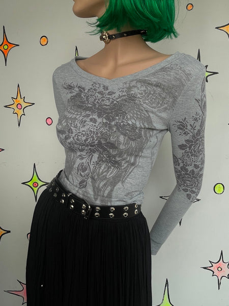Y2K Long Sleeve Baby Tee Tattoo Print Fairy Grunge Graphic Cyber Streetwear S