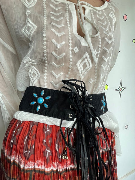 White Sheer Western Boho Embroidered Blouse Top Oversized Layering Piece XL