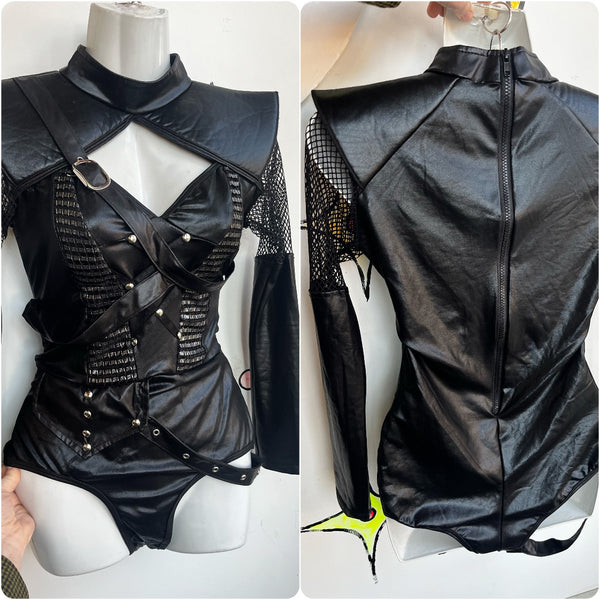 90s Y2K | Black Goth Vixen Vamp Punk Metal Bondage Harness Mesh Bodysuit | M