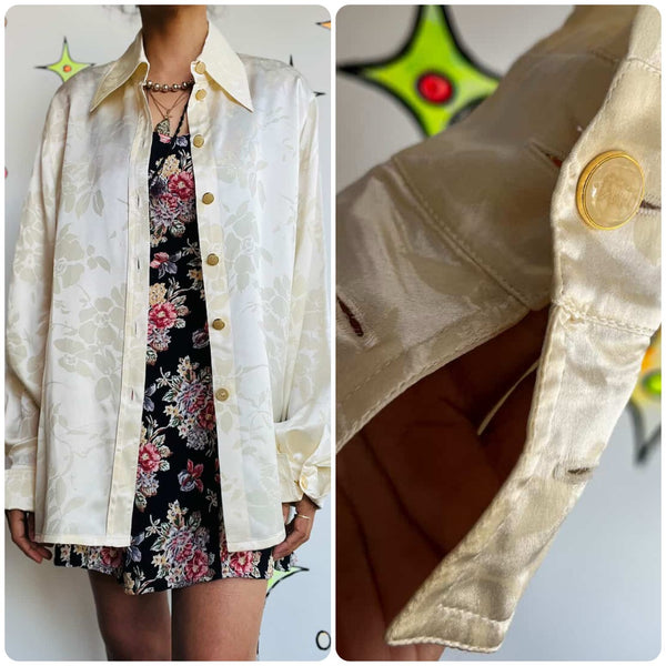 Vintage 90s ESCADA Embossed Floral Off-White Silk Blouse w Gold Buttons - L