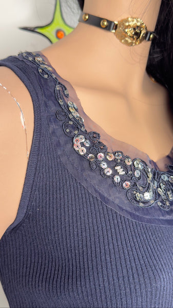 Y2K Beaded Ribbed Top Navy Blue Sequin Fairy Grunge Glam 2000s Party top - S/M