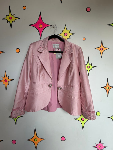 Lily Taylor Y2K Pink Silk Blazer | Barbiecore Dollcore 80s Girly McBling Glam L