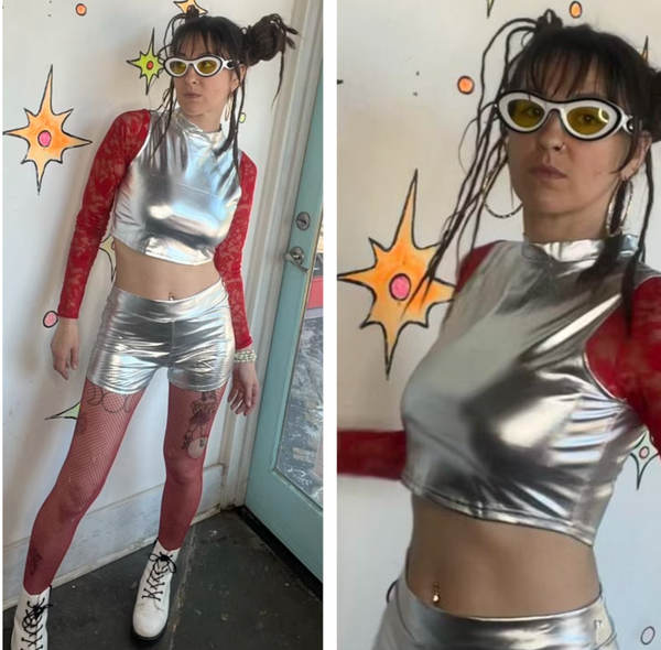 Silver Metallic Crop Top Cyber Grunge Galaxy Rave Tank Y2K Disco Future Glam L