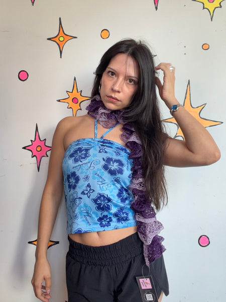 Y2K Tropical Halter Top | Hawaiian Floral Resort McBling Summer Crop Top S