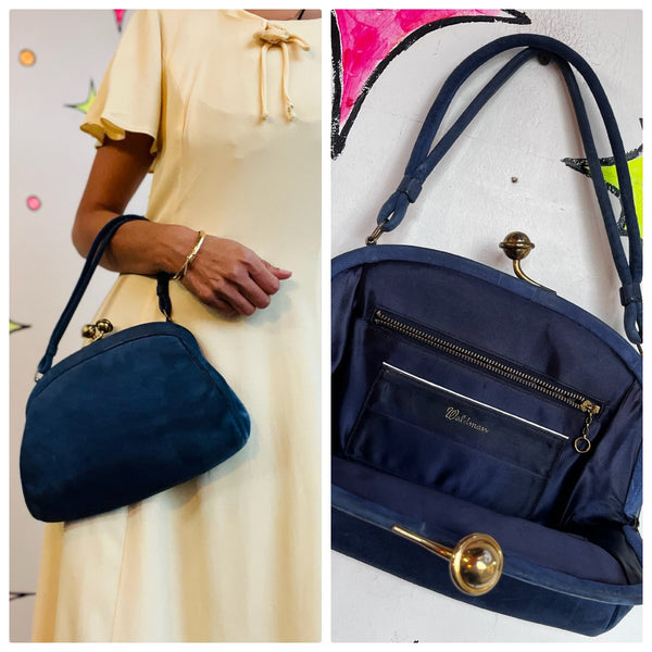 Blue Suede Clutch – 1940s Waldman Purse – Art Deco – Vintage Soft Suede Handbag