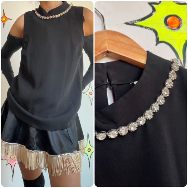 Black Rhinestone Cocktail Blouse Old Hollywood Goth Glam Audrey Hepburn M/L