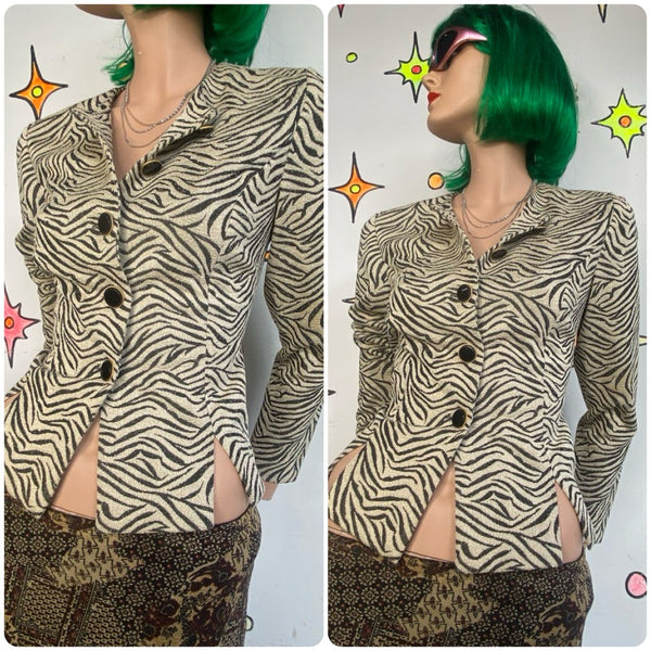 Vintage 90s Zebra Print Blazer Leslie Fay Vegan Animal Print Office Siren Glam - S