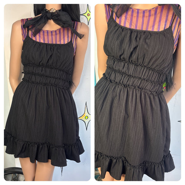 Black Lace Ruffle Mini Dress | Fairy Grunge Whimsy Goth Boho Western Dress M