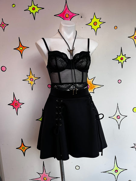 90s Black Lace Cropped Cami - Lingerie Babydoll Bustier Top - Grunge Goth - S