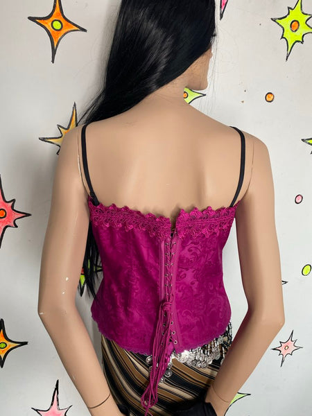 Fredericks of Hollywood Fuchsia Corset Top Y2K Fairy Grunge Damask Babydoll Bustier