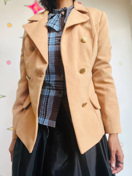 Vintage 70s Tan Polyester Blazer - Dagger Collar Retro Jacket - Size 8