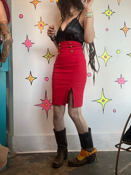 Y2K Red Pencil Skirt | Stretch Sailor Pin Up Secretary Office Siren Midi S
