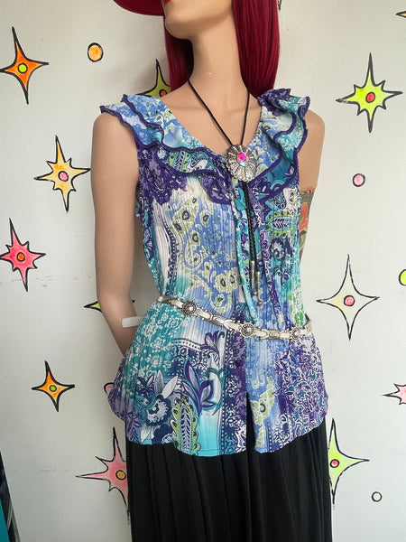 Turquoise Purple Pleated Ruffled Floral Paisley Tattoo Print Whimsy Fairy Top L