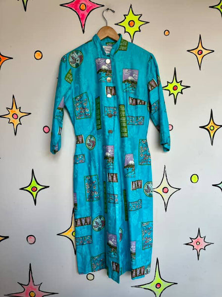 Vintage 1950s- 60s Blue Kimono Geisha Wiggle Tiki Dress - Mid Century - M/L