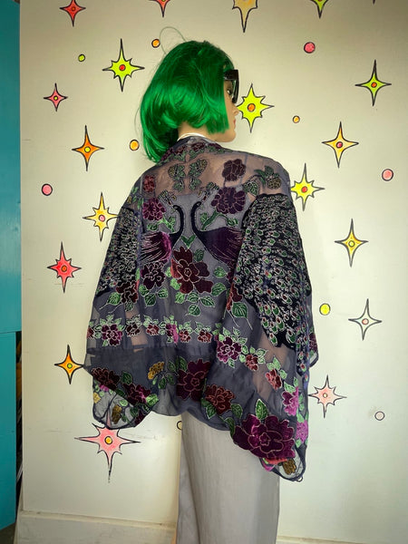 Burnout Velvet Peacock Beaded Shawl Cape Witchy Flapper Whimsy Goth Glam