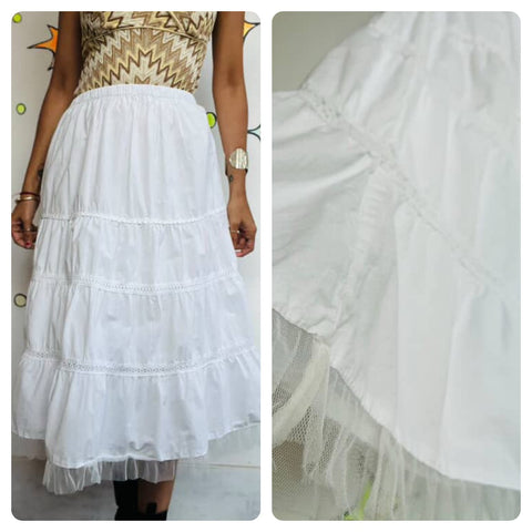 Y2K White Boho Tiered Cotton Maxi Skirt – Coquette Fairy Grunge Crinoline – M
