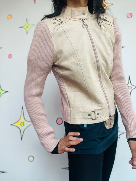 Y2K Pink Leather Jacket | Moto Rib Knit Hybrid Soft Grunge Fairy Ballet Core | S