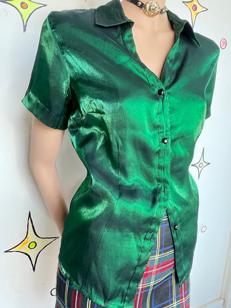 Emerald Metallic Button Up Shirt - 90s Vintage Fairy Grunge Cyber Party Top M/L