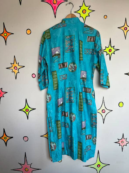 Vintage 1950s- 60s Blue Kimono Geisha Wiggle Tiki Dress - Mid Century - M/L