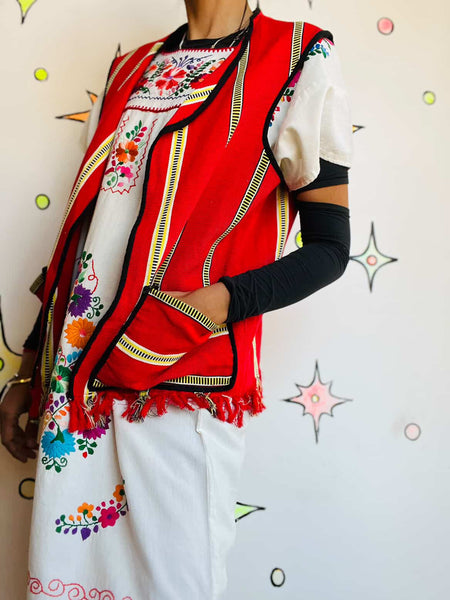 Vintage 60s 70s Boho Grunge Red Tapestry Fringe Vest Festival Hippie Western M/L