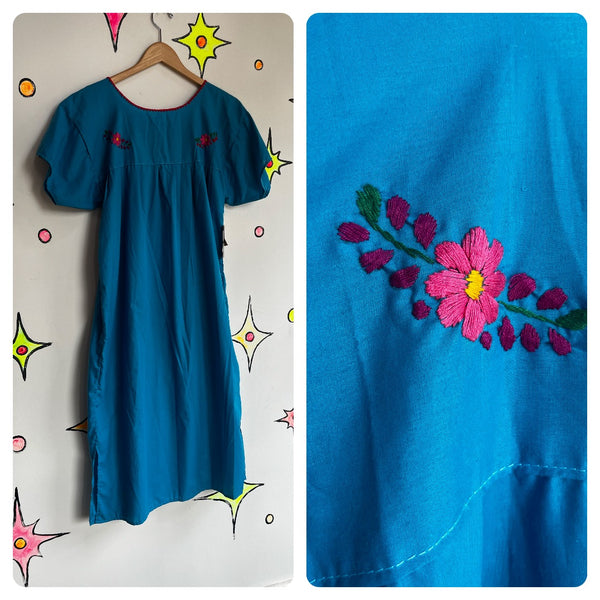 Vintage 60s 70s | Blue Boho Oaxacan Mexican Hand Embroidered Festival Dress