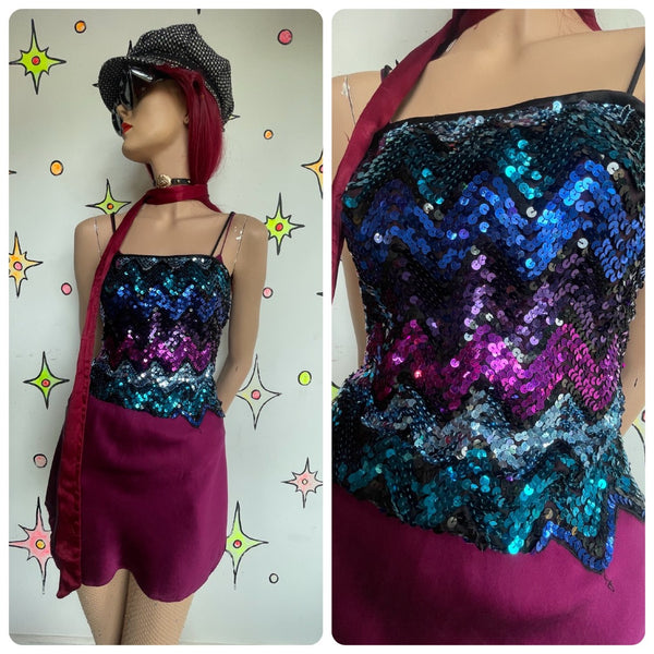 Vintage 70s Fully Sequined Chevron Striped Disco Top Glam Studio 54 Party S