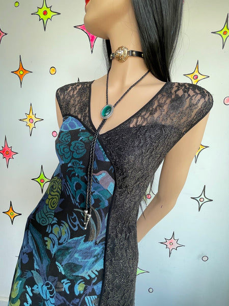 Y2K Lace Asymmetrical Dress | Black Teal Fairy Grunge Whimsy Goth Midi Dress M