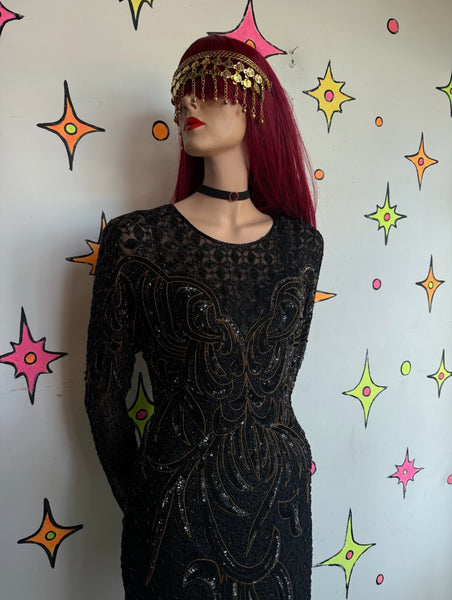 80s Black & Gold Fully Beaded Silk Gown Old Money Glam Mob Wife Cocktail Dress M