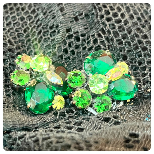 Vintage 50s 60s Green Fairy Clip On Earrings Chunky Sparkly Crystals Rhinestones