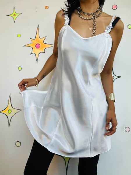 Vintage 90s Y2K White Satin Lace Fairy Grunge Beaded Mini Slip Dress | Size M