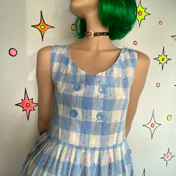 Vintage 50s Pastel Blue Fit & Flare Dress Cotton Twirl Dress Mid Century Pinup SM