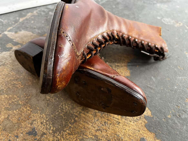 Antique 1900s Edwardian Victorian Brown Leather Lace-Up Boots – Modern 7.5–8