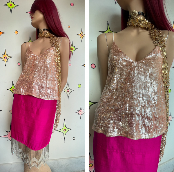Vintage 90s Free People Sparkly Iridescent Fully Beaded Sequin Fairy Cami Top M
