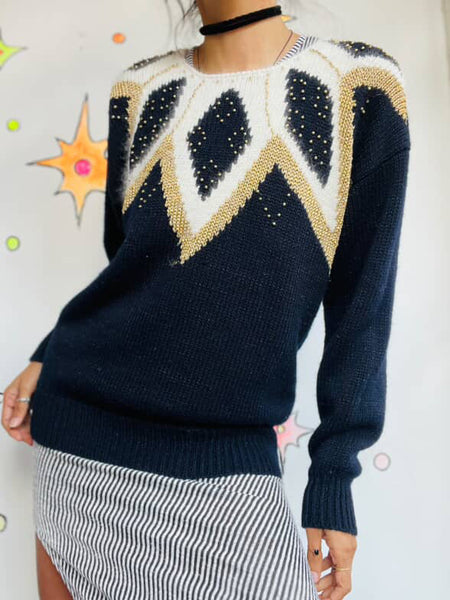 Vintage 80s Black Angora Sweater Fuzzy Angora Beaded Pullover - Dana Scott - L