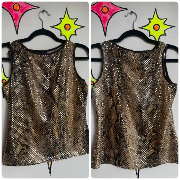 Vintage 90s Y2K Sequin Stretchy Animal Print Top – Cyber Grunge McBling Glam – L