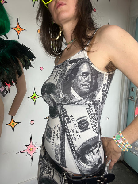Y2K Dollar Bills Money Pop Art Glam Stretchy Bodycon Novelty Dress - S
