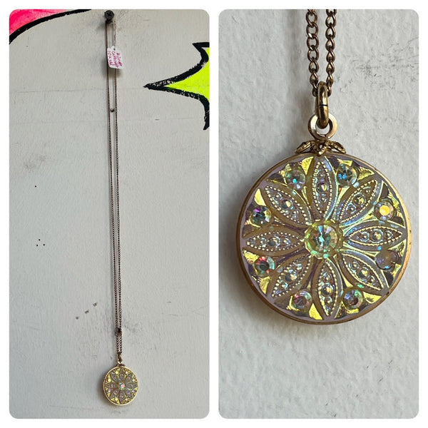 Vintage Rare Castlecraft Gold Iridescent Glass Necklace 10k Costume Jewelry