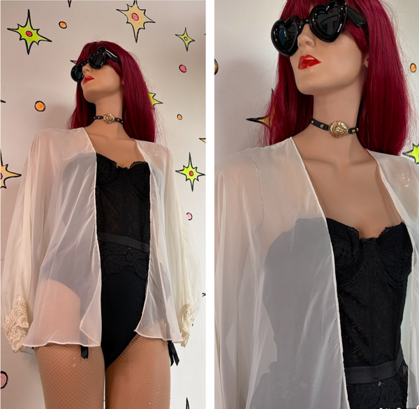 White Sheer Lace Puff Sleeve Lace Dolman Cape Robe Romantic Lolita Soft Grunge M