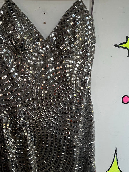 Vintage Silver Beaded Silk Gown Movie Star Glam Evening Dress Formal 90s S