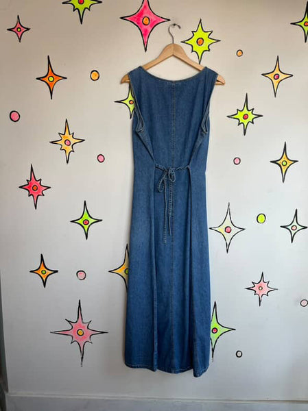 Vintage 90s Denim Button-Up Maxi Dress Liz Claiborne Boho Grunge Sleeveless | XL