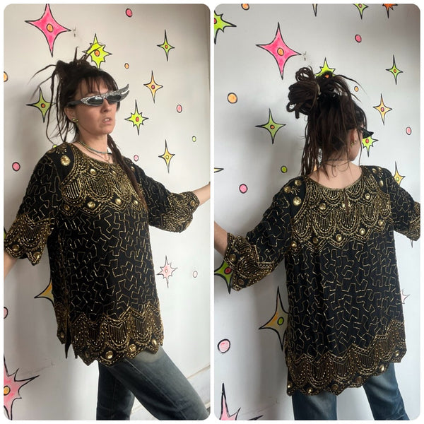 Vintage Black and Gold 80s Silk Beaded Top Glam Party Disco Sequins L/XL