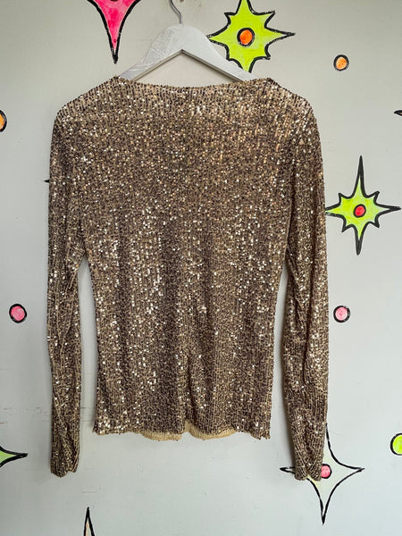 Vintage 90s Y2K Free People Gold Beaded Sequin Top Boho Glam Rockstar M