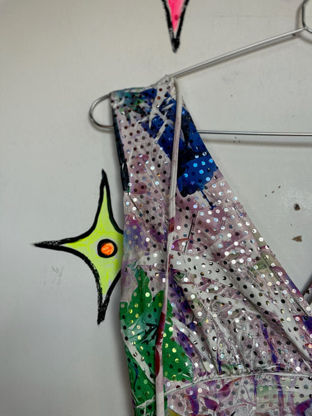 Vintage Y2K Club Dress Rainbow Tattoo Print Metallic Sparkly Halter Mini – M